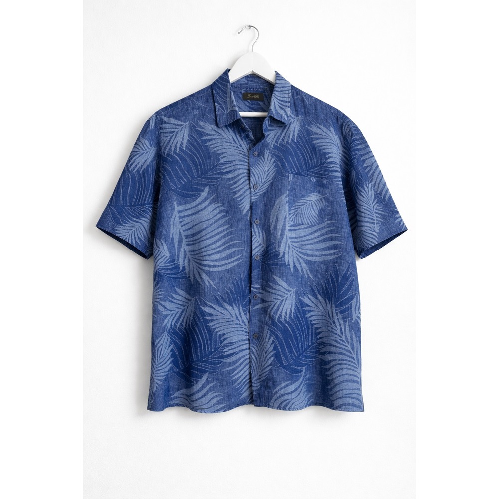 Tasso Elba Island Men's Blue Palm Leaf Hawaiian Shirt Silk Linen Blend XXL